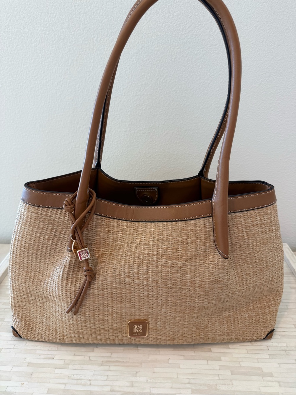 Nine West Woven Straw Tote with Brown Leather Trim